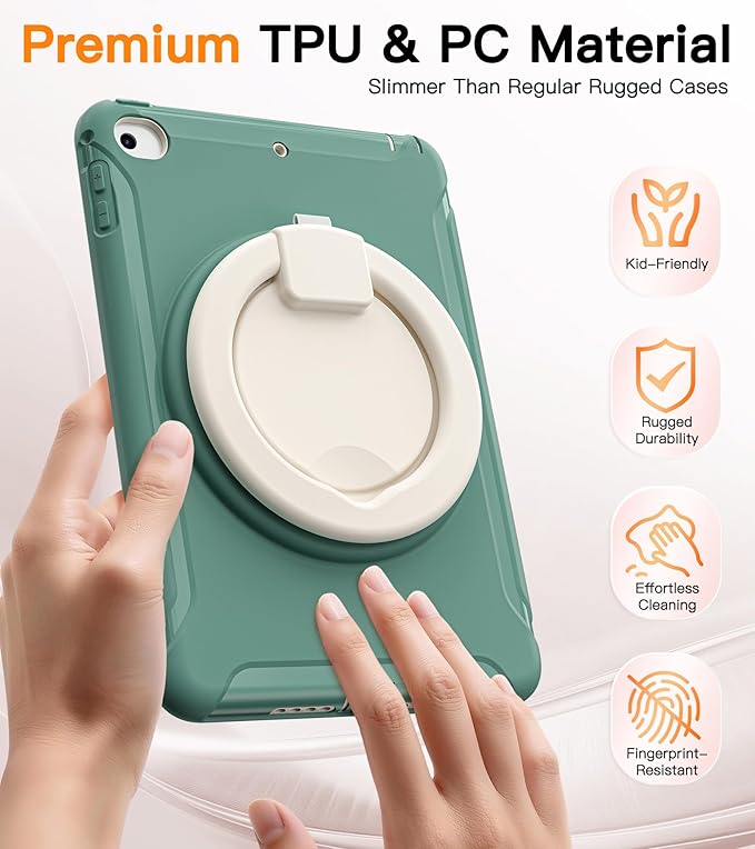 BATYUE Shockproof Case for iPad mini 4/5 (2015/2019) - 360° Multi-Angle Stand (Portrait & Landscape) & Grip, Pencil Holder (Elastic Loop), Multi-Scene for All Ages, Jade Green