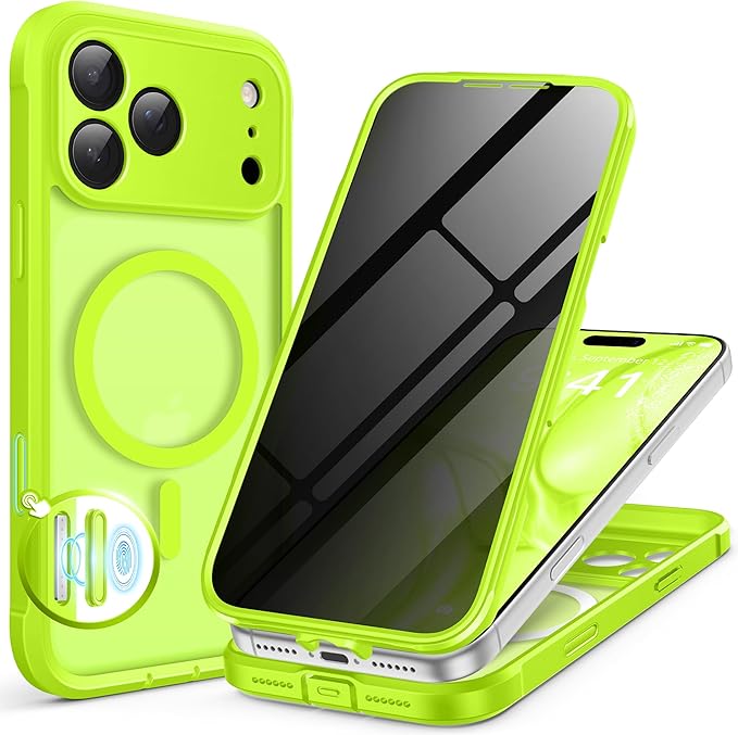 BERFY for iPhone 17 Pro Case, Compatible with MagSafe, Built-in Privacy Screen Protector, Camera Protection, Shockproof Full Body Phone Case 6.3", Translucent Bright Green