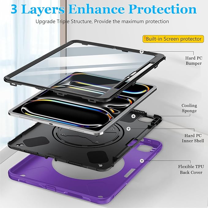 Case for iPad Pro 13 Inch M5 2025/ M4 2024: Military Grade Cover for iPad Pro 13" with Screen Protector - Stand - Handle - Shoulder Strap - Pencil Holder- Purple