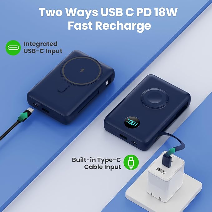 Magnetic Portable Charger for MagSafe with Built-in Cable,iWatch Charger,10800mAh Wireless Power Bank Travel Essentials,25W PD Fast Charging Battery Pack for iPhone 17/16/15/14/13/12,Apple Watch-Navy