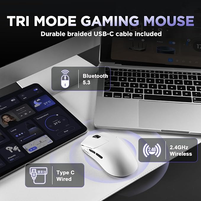 Zero 1 Pro Gaming Mouse,55g Ultralight Wireless Mouse, PAW3311 12K DPI, Tri-Mode 2.4G/Bluetooth/USB-C,Programmable Ergonomic Design,for Laptop/PC/Mac(White)