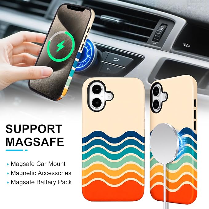 Magnetic for iPhone 17 Case Cute Stripes Phone Case, Shockproof Slim TPU and Hard PC Protective Phone Cover Compatible with MagSafe Designed for Women Girls,Retro Wave