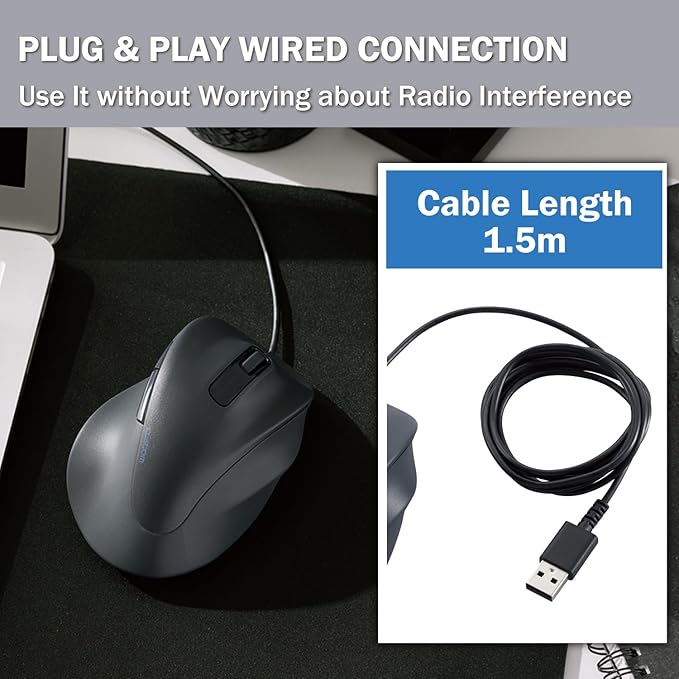 ELECOM Wired USB Ergonomic Shape Mouse, Silent Click, Right Hand, 2000DPI, 5 Buttons, Optocal Sensor, Compatible with PC, Mac, Laptop, EX-G, Lsize Black (M-XGM30UBSKBK)