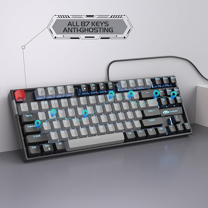 MageGee 75% Mechanical Gaming Keyboard, Blue Switch, LED Backlit, 87 Keys Compact TKL Wired Computer Keyboards for Windows Laptop PC Gamer - Grey/Black