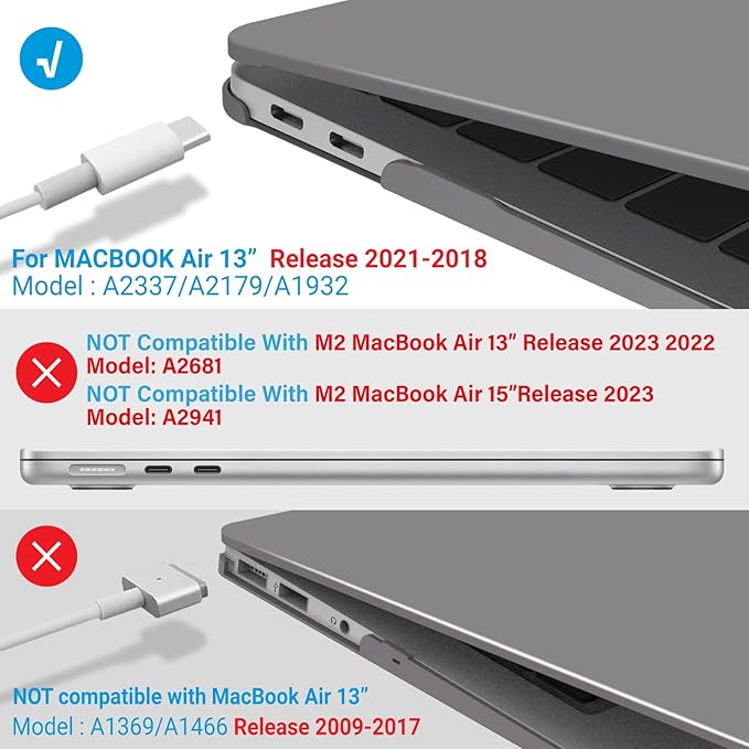IBENZER Compatible with New MacBook Air 13 inch Case 2022 2021 2020 M1 A2337 A2179 A1932, Plastic Hard Shell Case with Keyboard Cover for Mac Retina Display with Touch ID, Ultra Gray, MAT13-UAGY+1