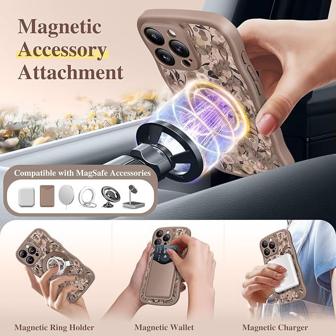 GVIEWIN for iPhone 15 Pro Case Compatible with MagSafe [Curly Wave Edge][Full Camera Protection] Floral Translucent Shockproof Magnetic Women Phone Case for iPhone 15 Pro 6.1'', Apricot Blossom/Brown