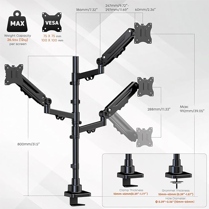 Triple Monitor Mount for up to 35-inch Screens – Heavy Duty Ultrawide Stand with Fully Adjustable, 12kg Gas Spring Arm (Each), VESA 75×75/100×100 mm, Black