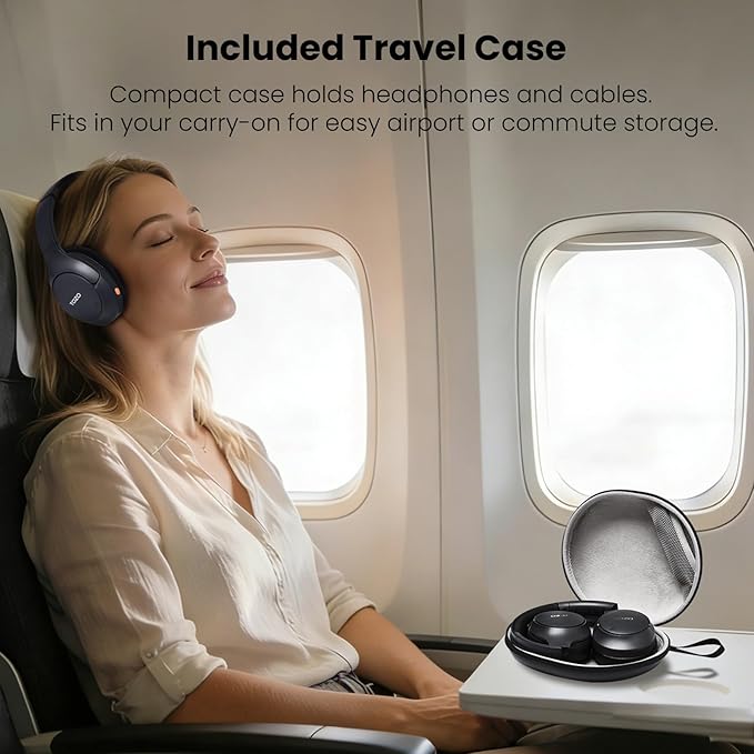 TOZO HT3 Hybrid Noise Cancelling Headphones, 90H Battery Life Wireless Over Ear Bluetooth 6.0 Foldable Headset, AI Voice Assistant with 5 Mics, Connect 2 Devices & Hi-Res Sound, 32 Audio EQ, with Case