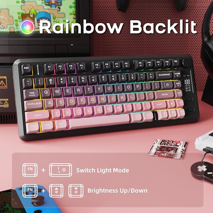 FREEWOLF M75 Wireless Gaming Keyboard Mechanical Feel Membrane with Knob & OLED Display Bluetooth/2.4Ghz Rainbow Backlit Gradient PBT Keycaps 2000mAH Battery Anti-Ghosting-Pink