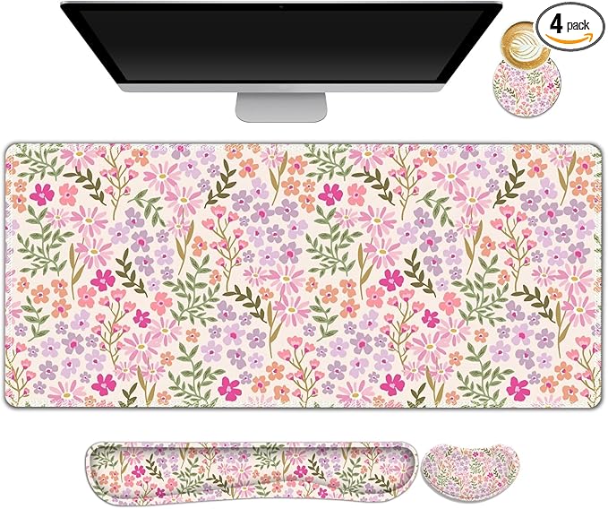 Large Gaming Mouse Pad Set, Ergonomics Keyboard Desk Mat with Memory Foam Wrist Rest, Computer PC Extended Game Mousepad, Non-Slip Desk Matt Easy Typing Pain Relief I Artistic Colroful Flowers