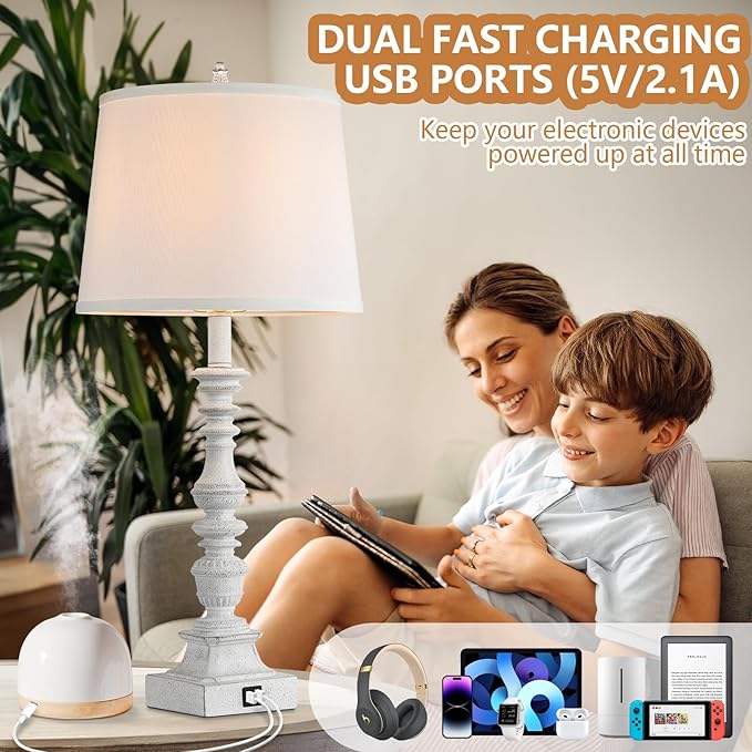27.5'' Farmhouse Table Lamps Set of 2, Rustic Bedroom Lamps for Nightstand with Dual USB Charging, White Traditional Bedside Desk Lamps with Vintage Beige Fabric Shade for Living Room Kids Study Room