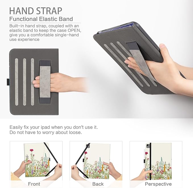 iPad Air 13 inch Case (M4/M3/M2) 2026/2025/2024, iPad Pro 12.9 inch 6th/5th/4th/3rd Gen Case with Pencil Holder Multi-Angle Adjustable Stand Shockproof Pocket/Hand Strap/Auto Wake Sleep, Flowers