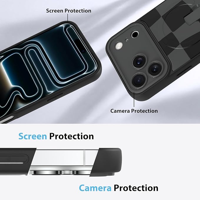 KANGHAR Compatible with iPhone 17 Pro Case, Support for MagSafe, Silicone Checkered Cute Pattern, Wristband Kickstand Camera Protection Soft Slim Cover for Girls Women -Black
