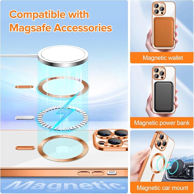 Hython Magnetic Clear for iPhone 13 Pro Max Case with Camera Lens Protector [Compatible with MagSafe] Plating Edge Slim Soft TPU Cover Protective Phone Case for iPhone 13 Pro Max 6.7", Orange