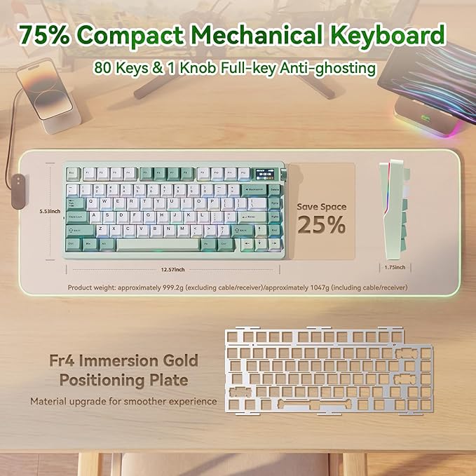 Aula Nova75 Mechanical Gaming Keyboard 8000mAh,Gasket Mounted with 75% Compact Layout,RGB Backlit,Custom Hot Swappable,Bluetooth Wireless /2.4GHz/USB-C Cream Keyboard Gaming for Win/Mac/iOS/Android