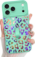 KANGHAR Compatible with iPhone 17 Pro Case, Support for MagSafe, Silicone Cute Iridescent Leopard Cheetah Pattern, Wristband Kickstand Shockproof Protective Slim Cover for Women Girls, Green