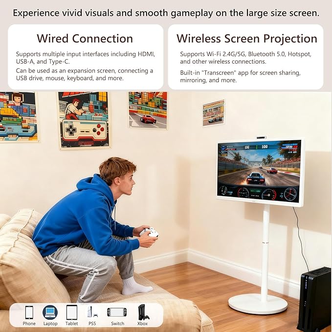 OFD 32" Portable TV on Wheels FHD,Android15 OS,Touchscreen TV with 8+128GB Storage,Rolling TV Built-in Battery 6-8H Play Time,Portable TV Tablet with Remote & Vioce|8MP Webcam|Speaker,Fully Rotatable