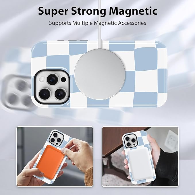 KANGHAR Compatible with iPhone 16 Pro Max Case, Support for MagSafe, Silicone Checkered Cute Pattern, Wristband Kickstand Camera Protection Soft Slim Phone Case for Girls Women -Light Blue