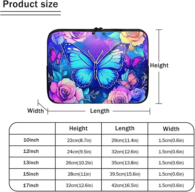 Butterfly Computer Sleeve for Women Laptop Sleeve 13inch Neoprene Lap Top Case with Padded Compartment Computer Carrying Case Purple Rose Laptop Sleeve Bag