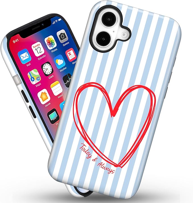 Magnetic for iPhone 16 Case Cute Blue Heart Stripes Phone Case, Love Shockproof Slim TPU and Hard PC Protective Phone Cover Compatible with MagSafe Designed for Women Girls
