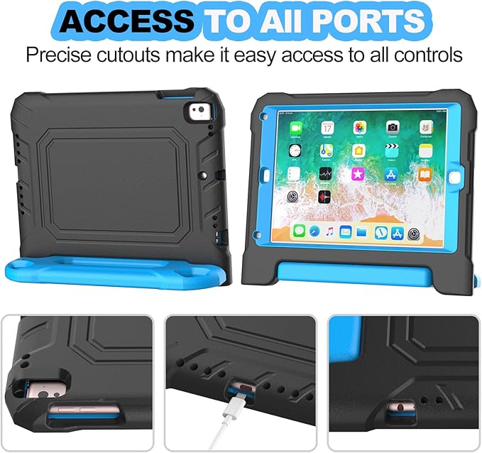 YIHE Kids Case for iPad 9.7 Inch with Screen Protector, Shockproof Handle Convertible Stand Case for iPad 9.7 6th/5th Generation 2018/2017, iPad Air 2/1& iPad Pro 9.7, Black Blue