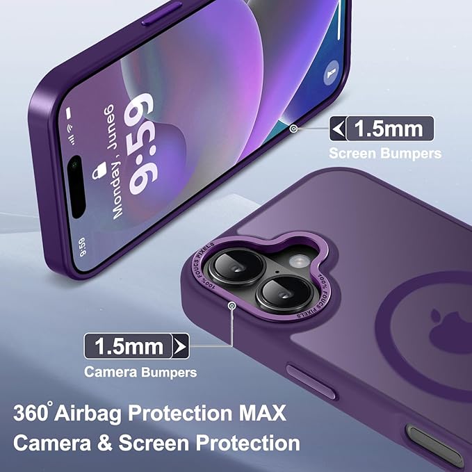 Newfuture Designed for iPhone 16 Case with Magnetic [13 FT Military Drop Protection] [Compatible with Magsafe] Slim Translucent Matte Shockproof with Anti-Fingerprint Phone Case, Deep Purple
