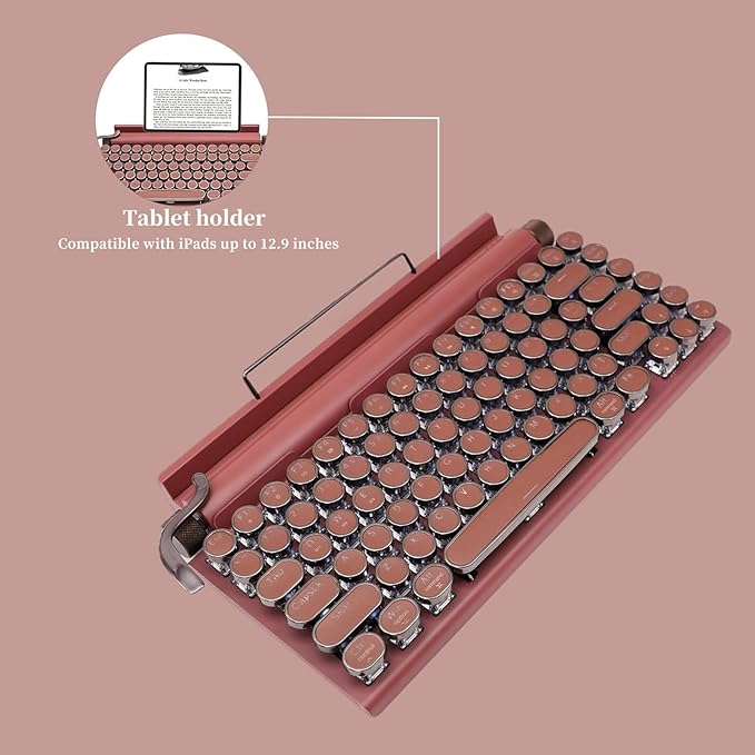 Adventurers Retro Typewriter-Style Mechanical Keyboard, 83 Keys, 75% Compact Layout, Bluetooth 5.0 and Wired, Hot-Swappable Blue Switch, White Backlit for Windows/Mac/iPad/PC/Laptop (Rose Red)