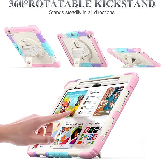 SEYMAC stock Case for iPad Air 13-inch M4-M2 2026-2024 (Gen 8-6), Shockproof Heavy Duty Case with Screen Protector, Pencil Holder, Rotating Stand, Hand Strap, Shoulder Strap, Pink
