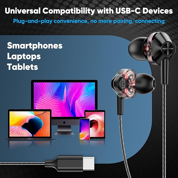 USB-C Wired in-Ear Earbuds, Dual Driver Hi-Fi Headphones with Mic, Noise Isolating Fit, Deep Bass, 5 ft Long Tangle-Free Cable, for iPhone 17 16 15/Android/Samsung Phone, Laptop