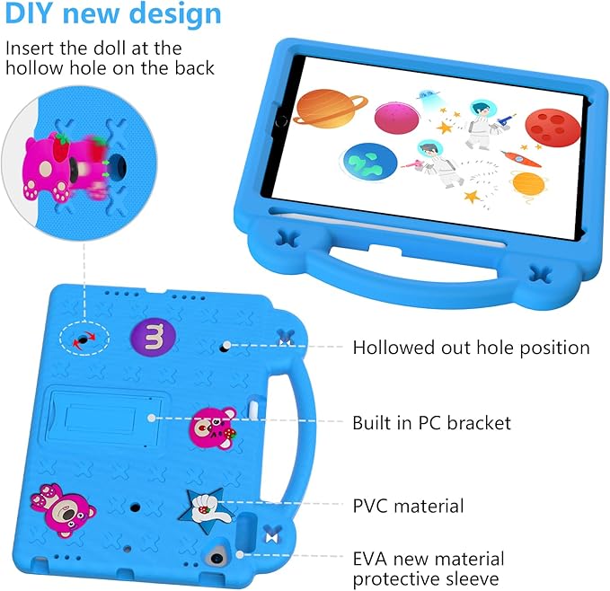 For iPad 9th Generation Case for Kids,iPad 8th 7th Gen Case, Shoulder Strap Shockproof Cute DIY Figures Design Handle Stand Protective Rugged Case for Apple iPad 9th 8th 7th Gen 2021/2020/2019,Skyblue