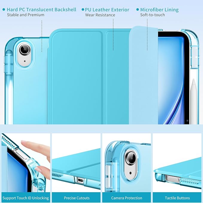 MoKo for iPad Air 11 inch Case (M4/M3/M2) 2026/2025/2024, iPad Air 5th/4th Gen 10.9 inch Case 2022/2020 with Pencil Holder, Slim Light Trifold Cover with Hard PC Translucent Back Shell, Cyan