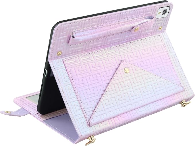 Shiny Case for iPad 6th/5th Gen 9.7 Inch (2018/2017), iPad Pro 9.7"/Air 2, Techcircle Crossbody Iridescent Folio Stand Multi-Pocket Wallet Case with Pencil Holder+Hand/Shoulder Strap, Shiny Lilac