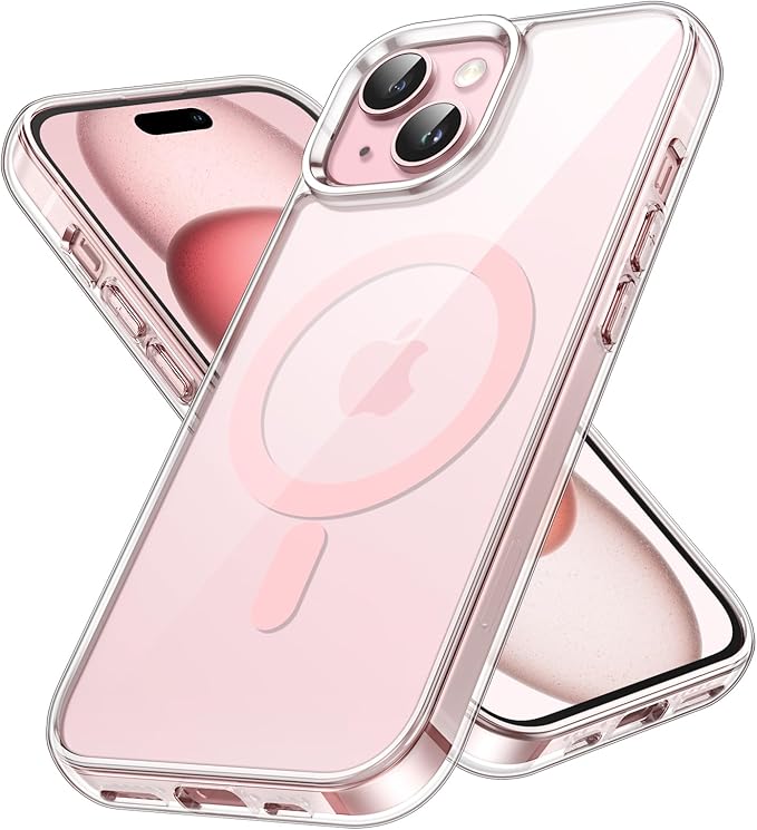 JETech Magnetic Case for iPhone 15 6.1-Inch Compatible with MagSafe Wireless Charging, Shockproof Phone Bumper Cover, Anti-Scratch Clear Back (Clear/Pink)