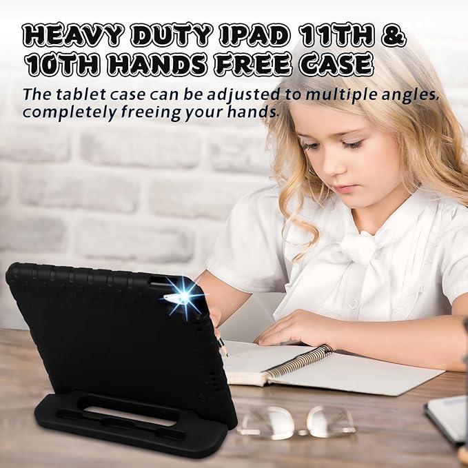 Case for iPad 11th A16/10th Generation with Pencil Holder & Handle Stand, Super Protection Kids Proof Cute EVA Cover for 11"/10.9" iPad 2025 & 2022 - Black