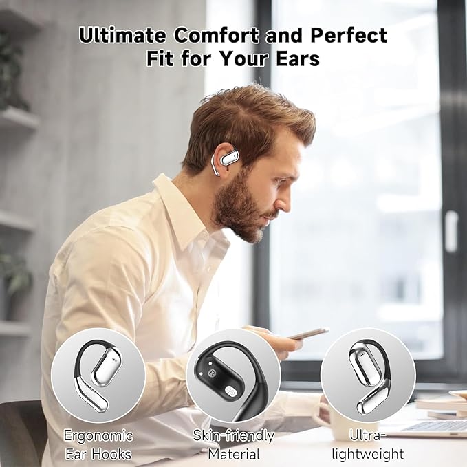 Open Ear Bluetooth 5.4 Earbuds -Bone Conduction Headphones 2025 New Intelligent Touch Screen Ultra Comfy Over The Ear Bluetooth Earbuds with Earhooks IPX7 Waterproof for Exercise 9