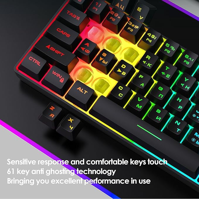 PUSOKEI 60% Mechanical Gaming Keyboard, 61 Keys Mini USB Wired Keyboard with RGB Backlit, Hot Swappable, Full Keys No Conflict, Russian English Dual Language for PC (Black)