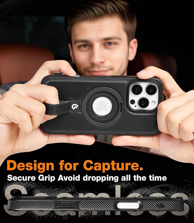 Butaiga for iPhone 16 Pro Leather Case with Stand, Anti-Slip Grip Ring, Fits for MagSafe (Black, iPhone 16 Pro)