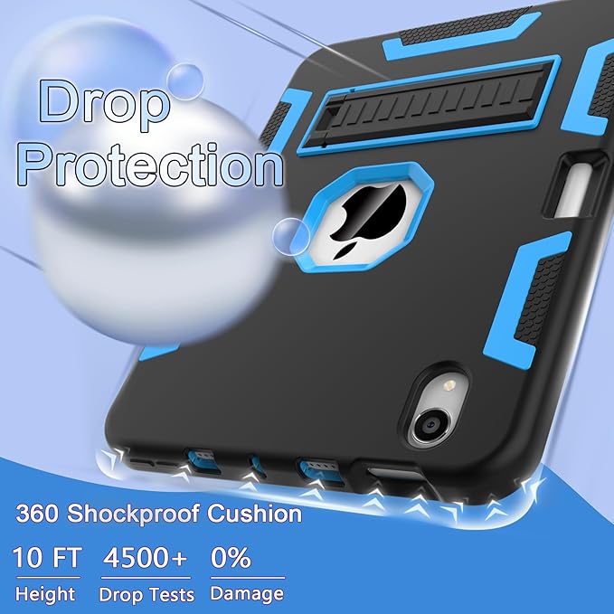 CCMAO for iPad mini 7 A17 Pro Case, iPad mini 6th/7th Generation Case (2021/2024), with Pencil Holder and Kickstand, Heavy Duty Shockproof Hybrid Three Layer Protective Cover, Black+Sky Blue