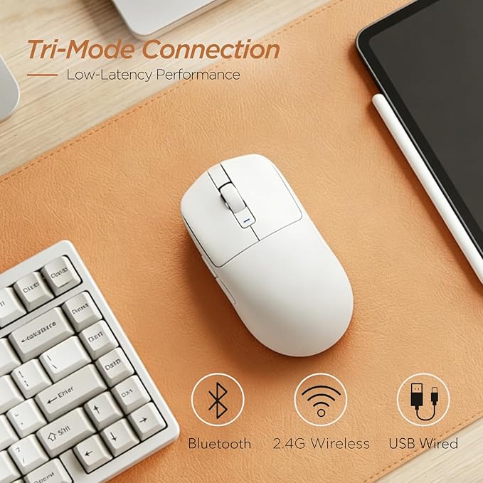 RK ROYAL KLUDGE RK MO3 Wireless Gaming Mouse, 48g Lightweight Computer Mouse, Bluetooth/2.4G/Wired Rechargeable PC Game Mice with Programmable Buttons and Silent Clicks, 6000 DPI for Laptop/Mac, White