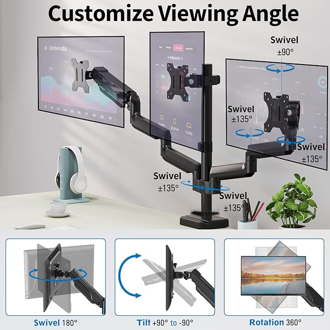 Triple Monitor Desk Mount for Computer Screens up to 32", Holds up to 19.8 lbs Each, 3 Monitor Arm, Heavy Duty Stand Vesa Mount 75x75, 100x100