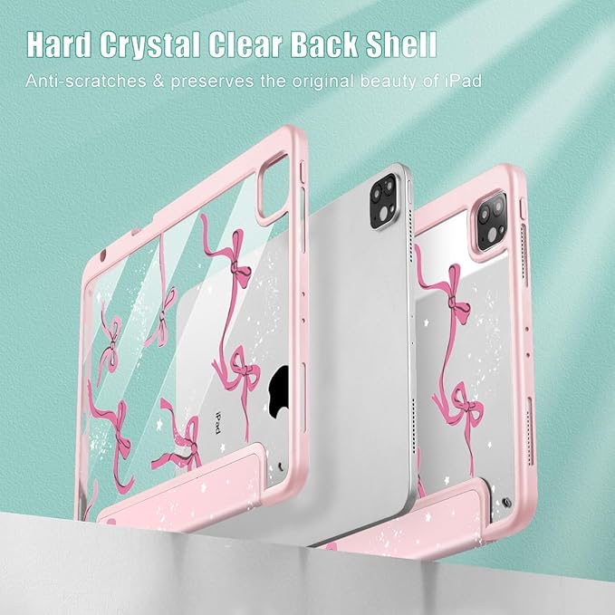 Tuiklol for iPad Pro 11 Inch 4th / 3rd / 2nd / 1st Gen (2022 2021 2020 2018) Case -Built-in Pencil Holder Shockproof Cover Clear Transparent Back Shell with Auto Wake/Sleep, Bow-Pink