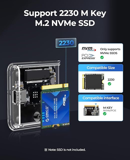 ORICO M.2 2230 NVMe SSD Enclosure, 10Gbps USB C 3.2 Gen2 to NVMe Adapter Compatible with iPhone 15/16 Pro Max ProRes, M.2 Reader Supports UASP, Trim, M-Key(B+M Key) - TC20