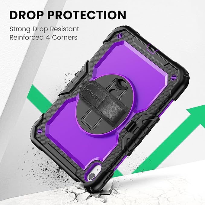 SEYMAC Case for iPad (A16) 11th/10th Generation 2025/2022 (11″/10.9″), Sturdy Heavy Duty Full-Body Shockproof Protective Case with Screen Protector, Rotating Stand, Hand/Shoulder Strap, Purple