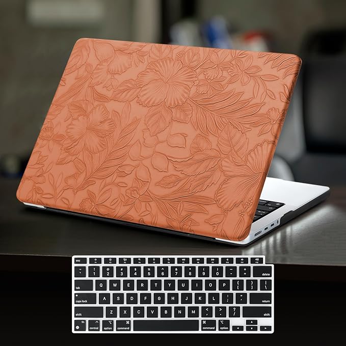 DTangLsm for MacBook Air 15 inch Case 2026 2025 2024 2023 M5 M4 M3 M2 A3448 A3241 A3114 A2941, Elegant Textured Retro Leather Hard Cover for M5 MacBook Air 15 Case+Keyboard Skin, Brown Embossed Floral
