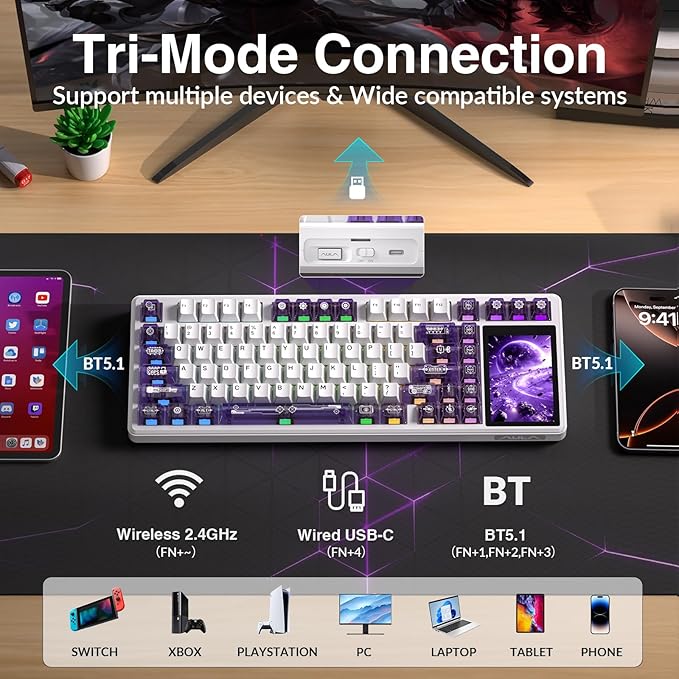 Aula L99 Wireless Mechanical Keyboard with Smart Touch Screen,Tri-Mode Hot Swappable Custom Gaming Keyboard,RGB Backlit,PBT Keycap,Gasket Mount Creamy Sounding Computer Keyboards for Office PC,84 Keys