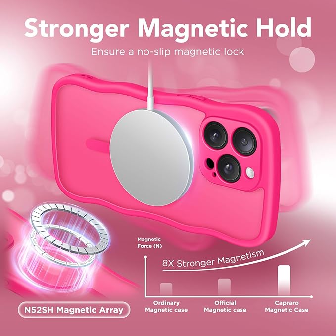 CAPRARO Cute for iPhone 14 Pro Case, Compatible with MagSafe, [Curly Wave Edge] [Full Camera Protection] [14 FT Drop Protection] Magnetic Phone Case for 14 Pro 6.1 Inch, Hot Pink