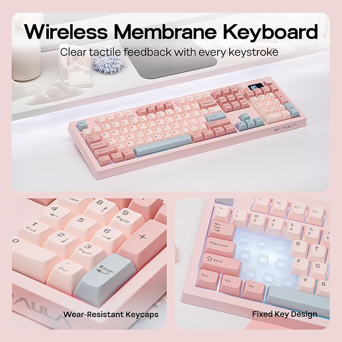 EPOMAKER Aula S102 PRO Membrane Gaming Keyboard with TFT Screen, Volume Knob & Number Pad, BT/2.4G/USB, RGB Backlit, Creamy Silicone Structure, Silent Keyboard for PC Game/Office (Pink)
