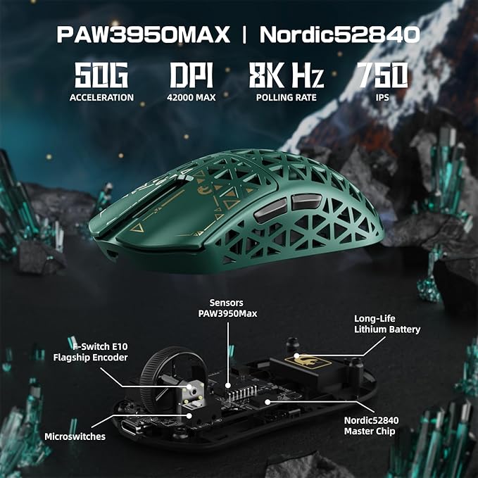 MAMBASNAKE M5 Ultra Carbon Fiber 8KHz Wireless Gaming Mouse,PAW3950MAX Sensor 42K DPI,39g Superlight Tri-Mode 2.4GHz/BT/Wired Computer Mice,Web Driver Support,for Win/Mac/FPS/MOBA/Esports-Green (B)