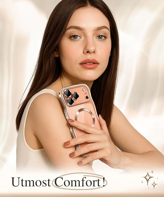 GVIEWIN for iPhone 17 Pro Case Compatible with MagSafe, Upgraded [Full Camera Protection][Cute Wave Frame][Military Grade Protection] Electroplated Hard Phone Cover for Women Girl, Clear/Rose Gold