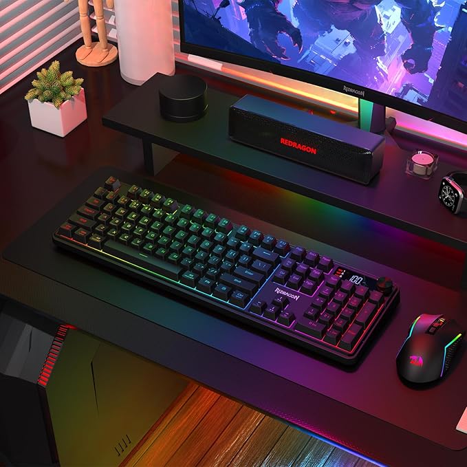 Redragon K526 PRO RGB Wireless Membrane Gaming Keyboard, 104 Keys Mechanical-Feel Keyboard w/LED Info Display, Media/Backlit Knob Control, Smooth Linear Switch & Software Supported